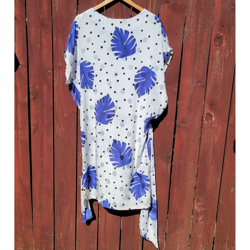 VTG Blue Palm Leaf Polka Dot Tie Waist Midi Dress ILGWU Made in USA 5-6 Mod Art